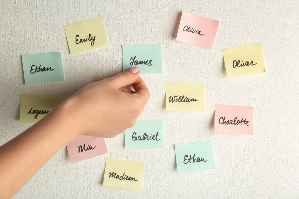 Female Hand and Paper Stickers with Different Names on White Wall